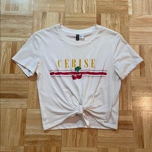 H&M - White Cherry Croped Tee Shirt with Front Tie - 100% Cotton
